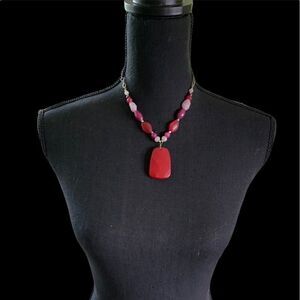 Boho, romantic, Red Stone pendant style necklace with red and pink beads. EUC